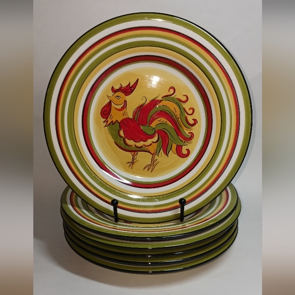 6 Tabletops Gallery Rafeal Rooster Pattern Hand Painted Salad Plates - Picture 1 of 4